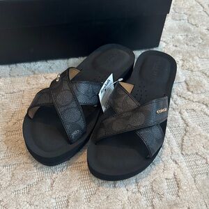 Coach Black Slide Sandals with Gold Accents